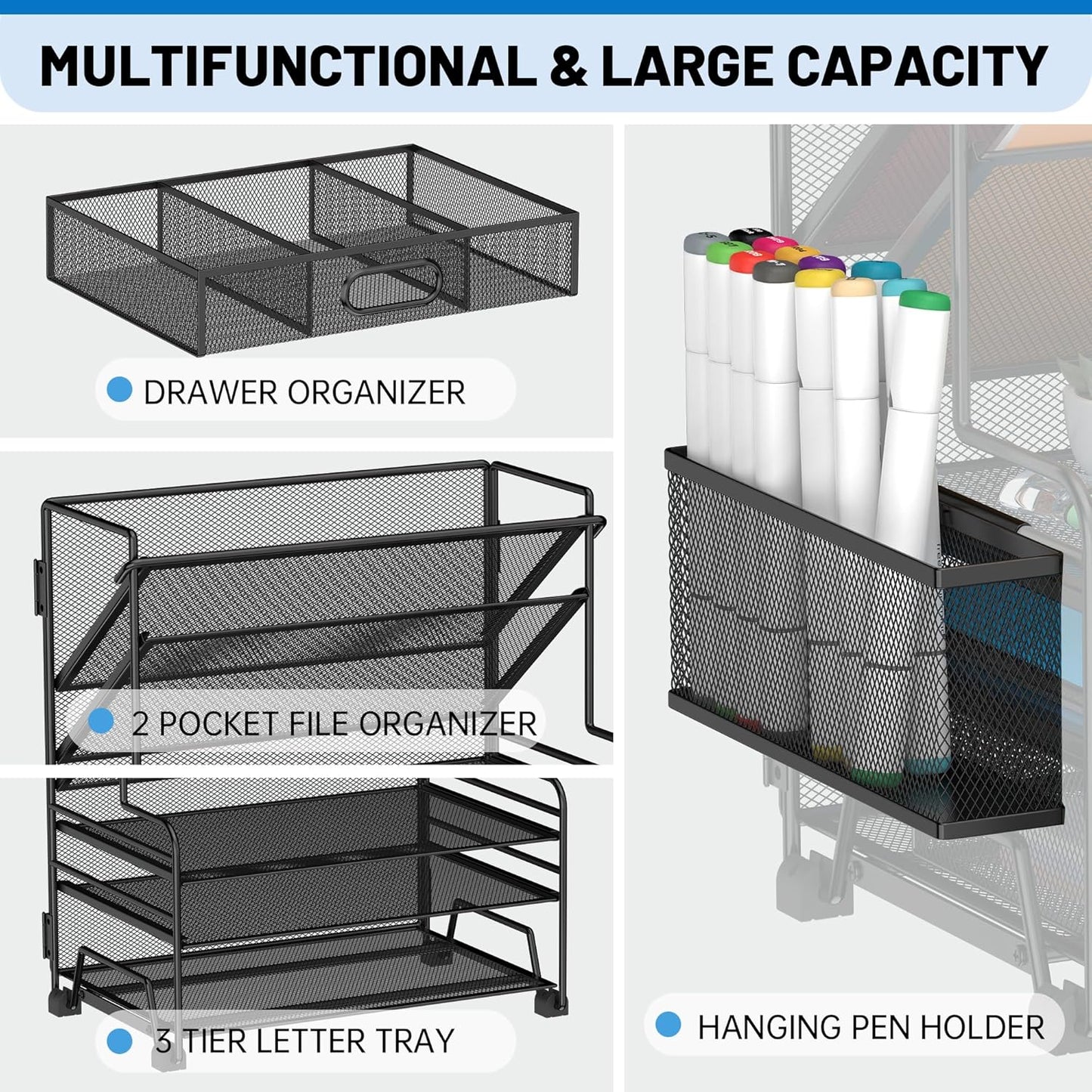5 Tier Desk Organizer with Drawer & Pen Holders, Desk File Organizer Letter Tray Paper Organizer, Black