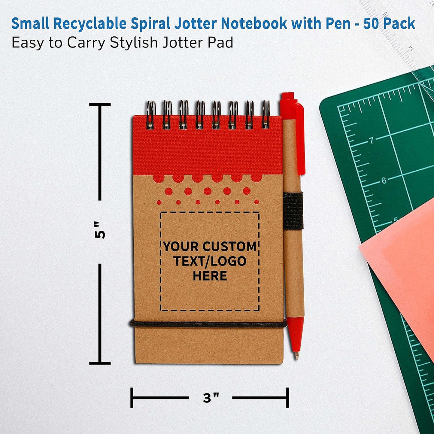 DISCOUNT PROMOS 50 Recyclable Spiral Small Notebooks Pack - Customizable Text, Logo - 60 Lined Pages - Red