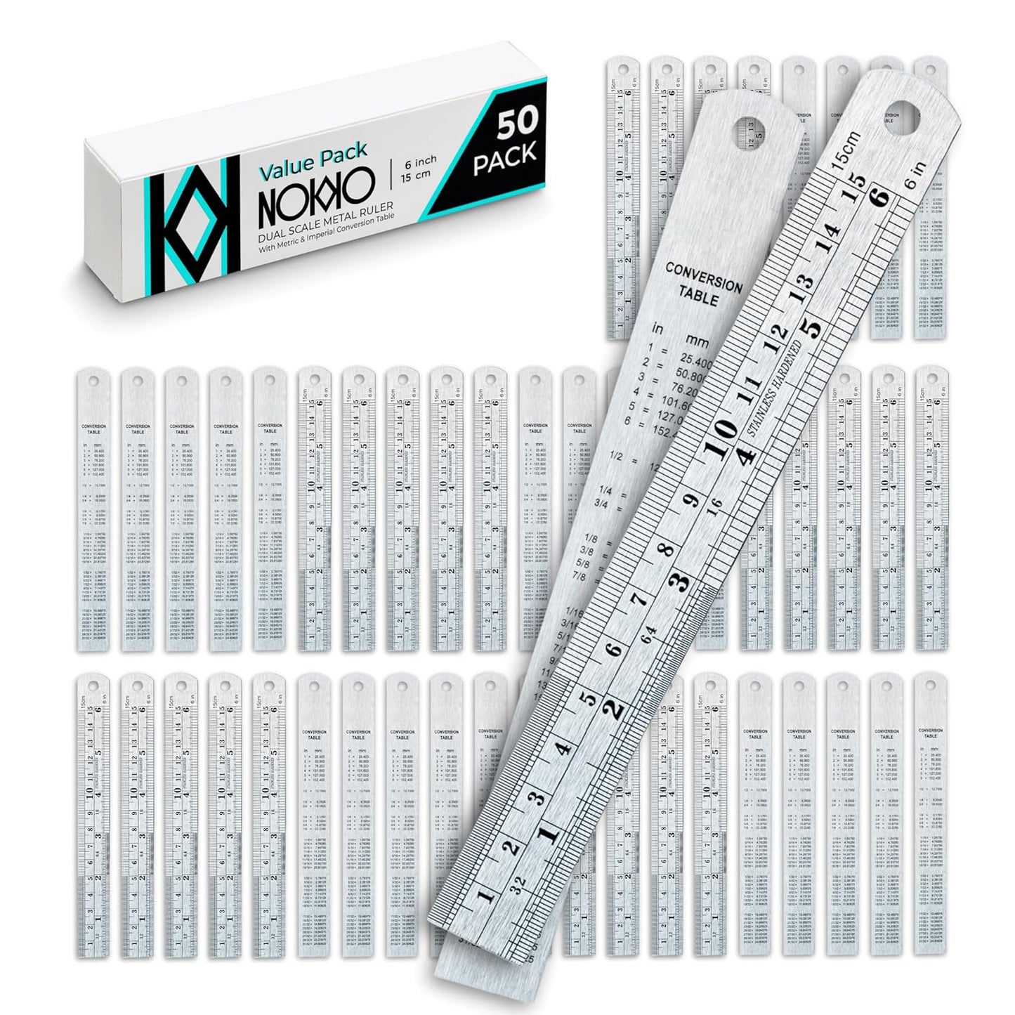 6 Inch Metal Ruler Bulk Set - 50-Pack of Compact 6 Inch / 15cm Stainless Steel Rulers - Precise Edge-Starting Imperial & Metric Measurements - Essential for Classrooms, Workshops, and Offices