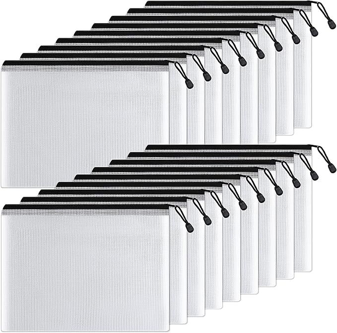 SUNEE Plastic Mesh Zipper Pouch 10x14 in (Black, 18 Packs),Extra Large Water-Resistant Zip Bag for School Office Supplies, Puzzles & Games Organizing Storage