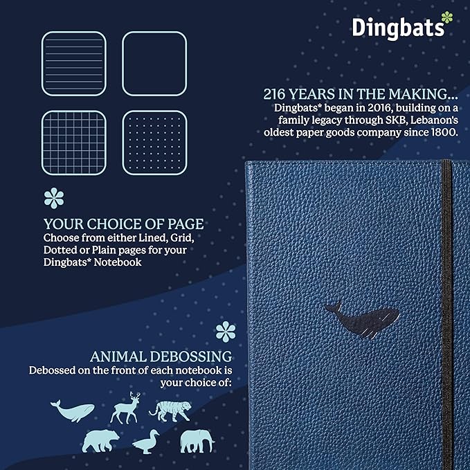 Dingbats Wildlife Grid Journal A5 - Vegan Leather Hard Cover, Ideal for Work, Travel - Pocket, Elastic Closure, Bookmark
