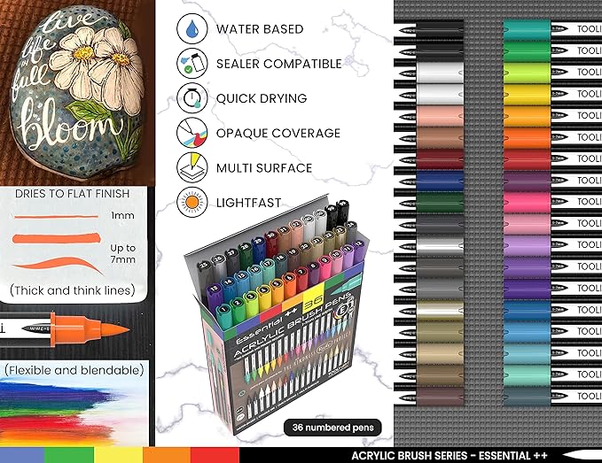 36 Flexible Brush Tip Acrylic Paint Pens Markers Set 1-7mm Line for Rock Painting, Brush Lettering, Scrapbooking, Glass, Mugs, Wood, Metal, Canvas, Fabric, Plastic. Non Toxic Waterbased Quick Drying