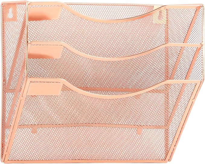 EASEPRES 3 Pocket Mesh Hanging Wall File Organizer, Wall Mounted Mail Paper Document Folder Holder, Clipboard Storage Organization Magazine Rack with Nametag Label for Office Home School, Rose Gold
