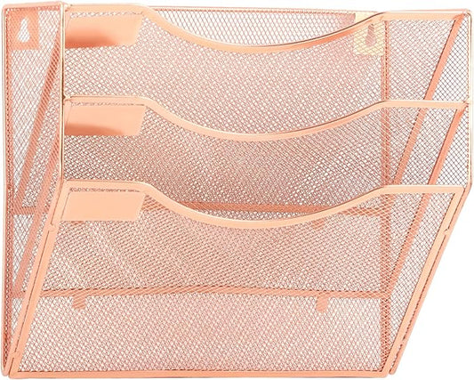 EASEPRES 3 Pocket Mesh Hanging Wall File Organizer, Wall Mounted Mail Paper Document Folder Holder, Clipboard Storage Organization Magazine Rack with Nametag Label for Office Home School, Rose Gold