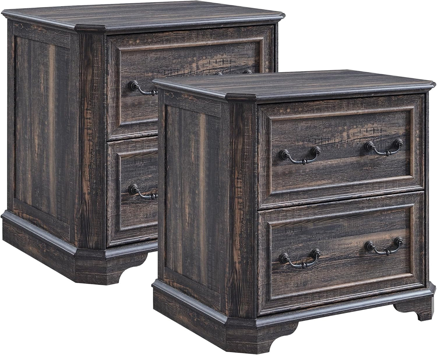 T4TREAM 2 Drawer File Cabinet Set of 2, 30" Wide Wooden Extended Desktop, Farmhouse Filing Cabinet with Smooth Rails, Holds Letter/Legal/A4, Hexagonal Design & Framed Drawer Fronts, Dark Rustic Oak