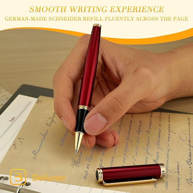BEILUNER Luxury Rollerball Pen,24K Gold Trim,Noble and Elegant Designs,Schneider Ink Refill, Best Roller Ball Pen Gift Set for Men & Women, Professional, Executive Office, Nice Pens