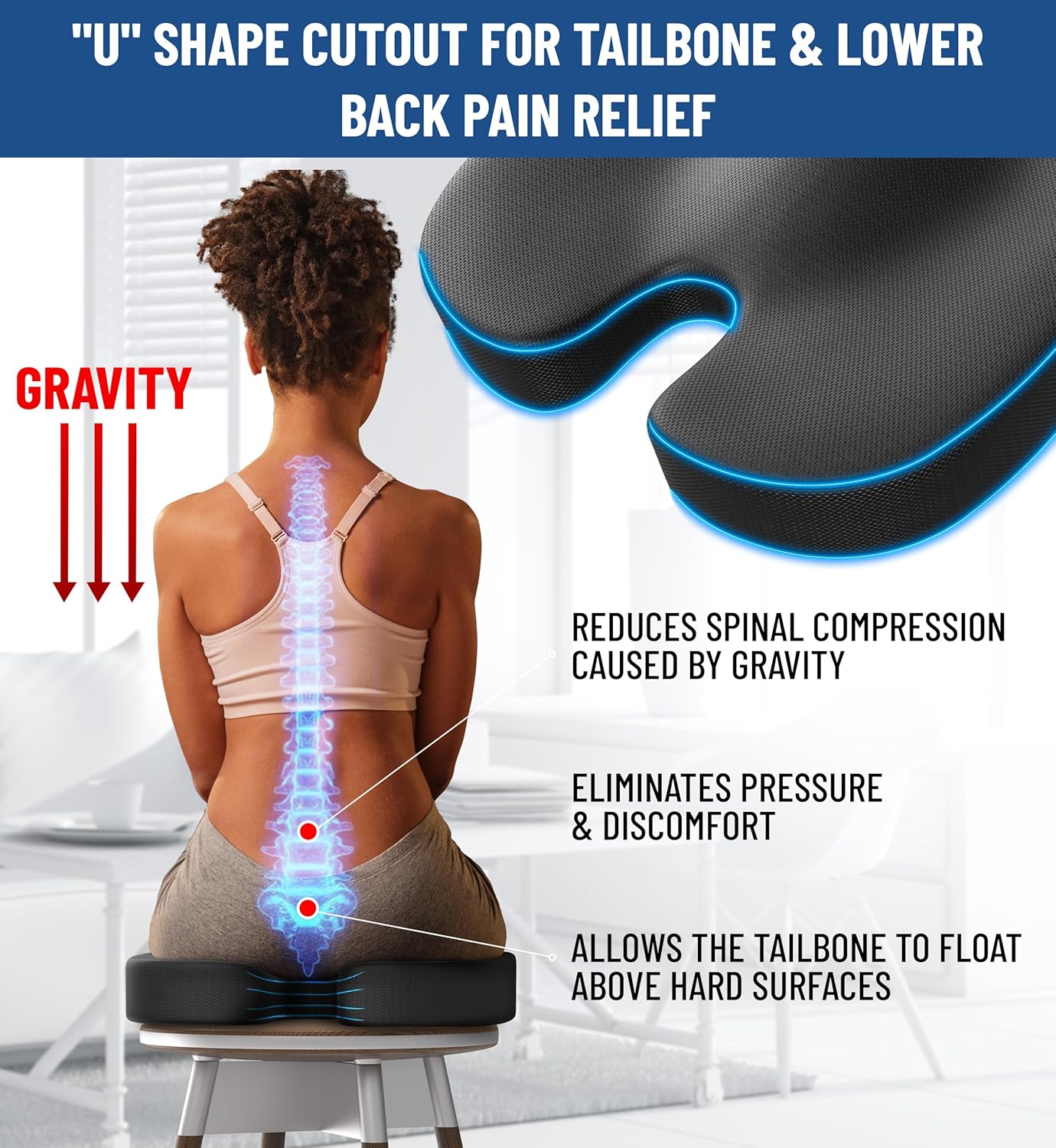 Everlasting Comfort Doctor Recommended Memory Foam Seat Cushion for Office Chairs & Car Seat - Ergonomic Office Desk Accessories for Tailbone Pain Relief, Sciatica & Back Support