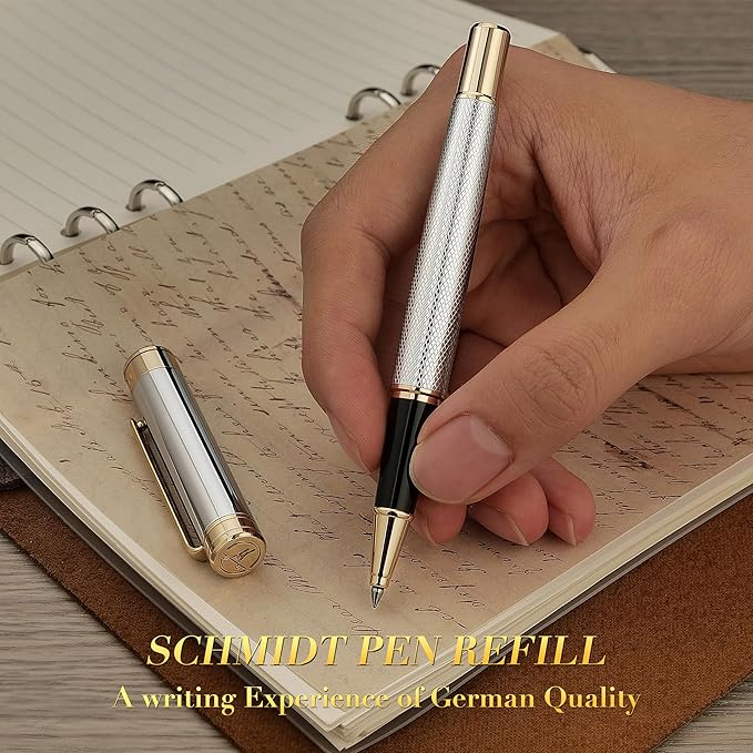 Silver Chrome Rollerball Pen, Stunning Luxury Pen with Mesh Texture Design、Silver Chrome Finish and 24K Gold Accents, Nice Gift Set for Men & Women, Business, Executive, Office, Fancy Pens