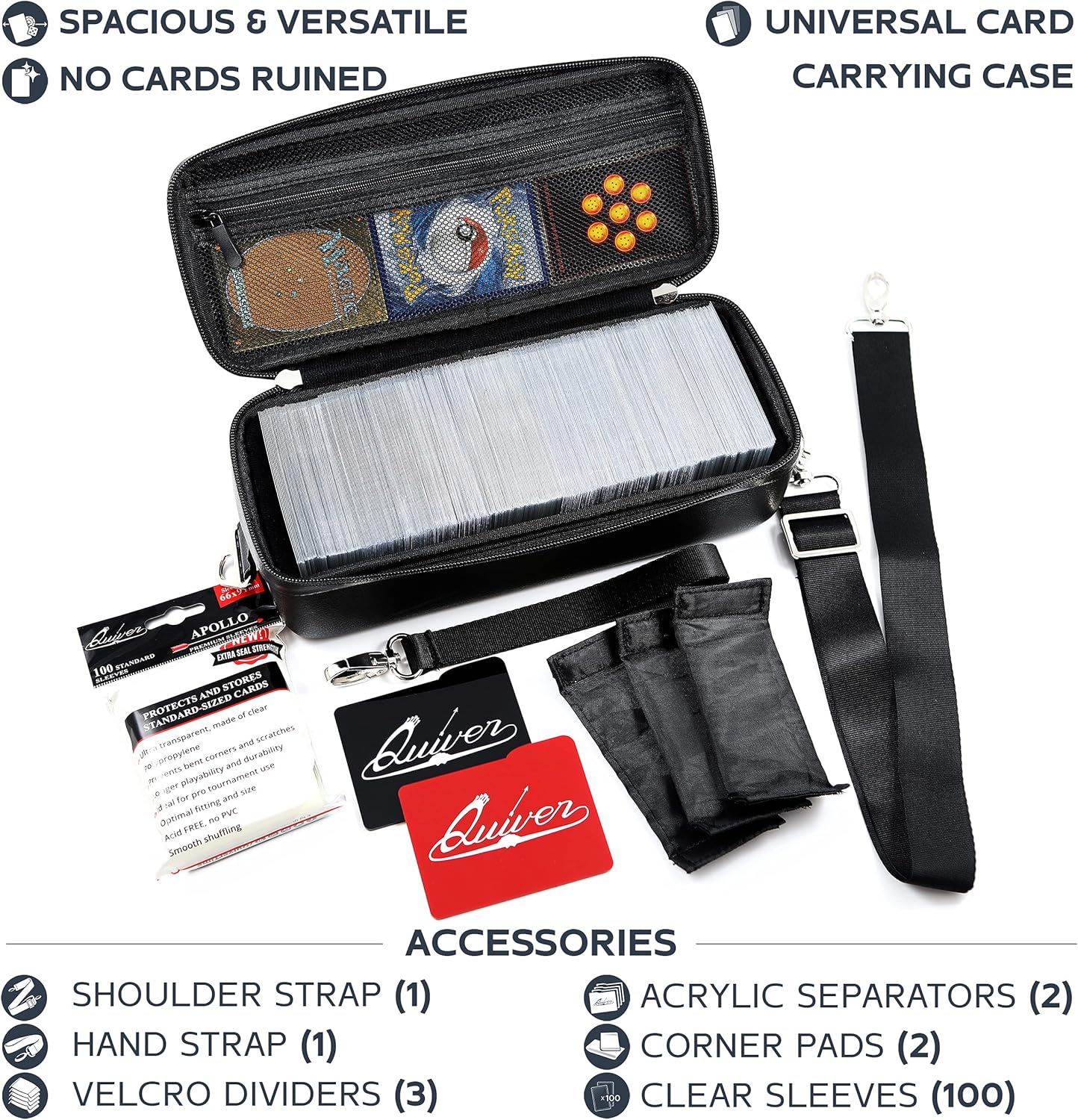 Quiver Time Black Bolt Card Carrying Case fits Pokemon Cards and other TCG Games - Storage Bag for Playing/Trading Cards and Deck Box (Straps, Dividers & 100 Apollo Card Sleeves)