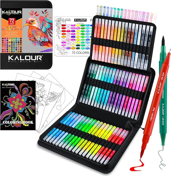 KALOUR 72 Art Markers Pens Set, Dual Tip Brush and Fine Point, Color Number and Name, Zipper Case, Adult Coloring, Lettering, Drawing