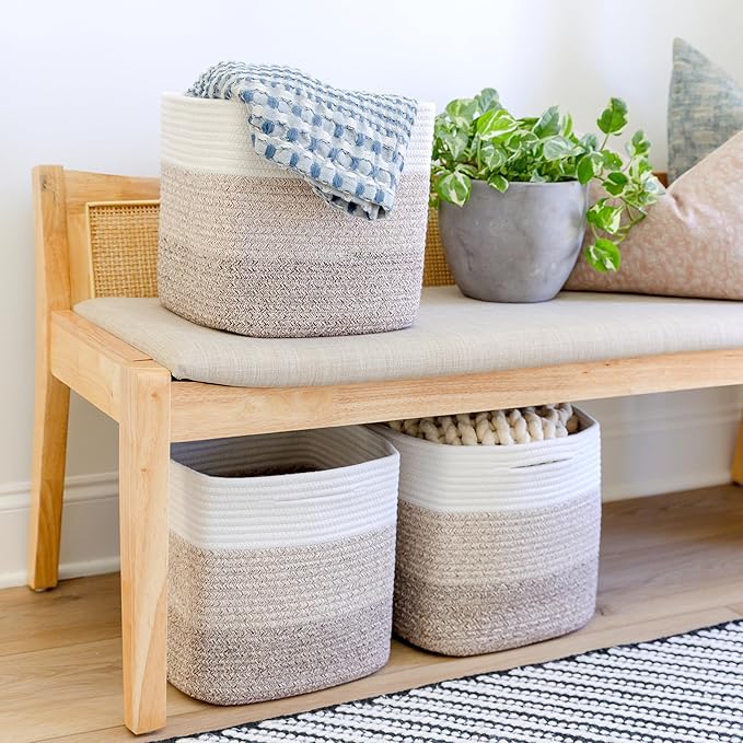 NaturalCozy Storage Cubes 11 Inch Cotton Rope Woven Baskets for Organizing, 3-Pack | Cube Storage Bin | Square Storage Baskets for Shelves Organizer, Classroom, Kids Toy Bins, Closet, Baby Nursery