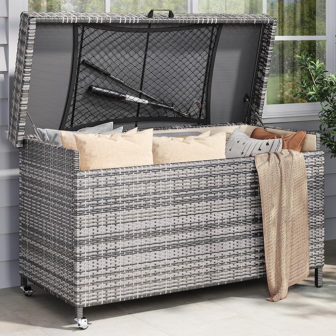 YITAHOME 200 Gallon Large Wicker Deck Box w/Storage Net, Rattan XL Outdoor Storage Box Patio Cushion Storage, Patio Storage Box for Garden Tools, Pool Sports Equipment (Grey)