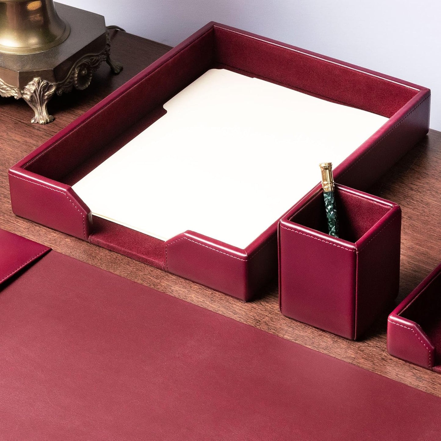 Dacasso Burgundy Bonded Leather Luxury Letter Tray Holder & Paper Organizer for Desk - Executive Desk Decor & Office Organization Essential