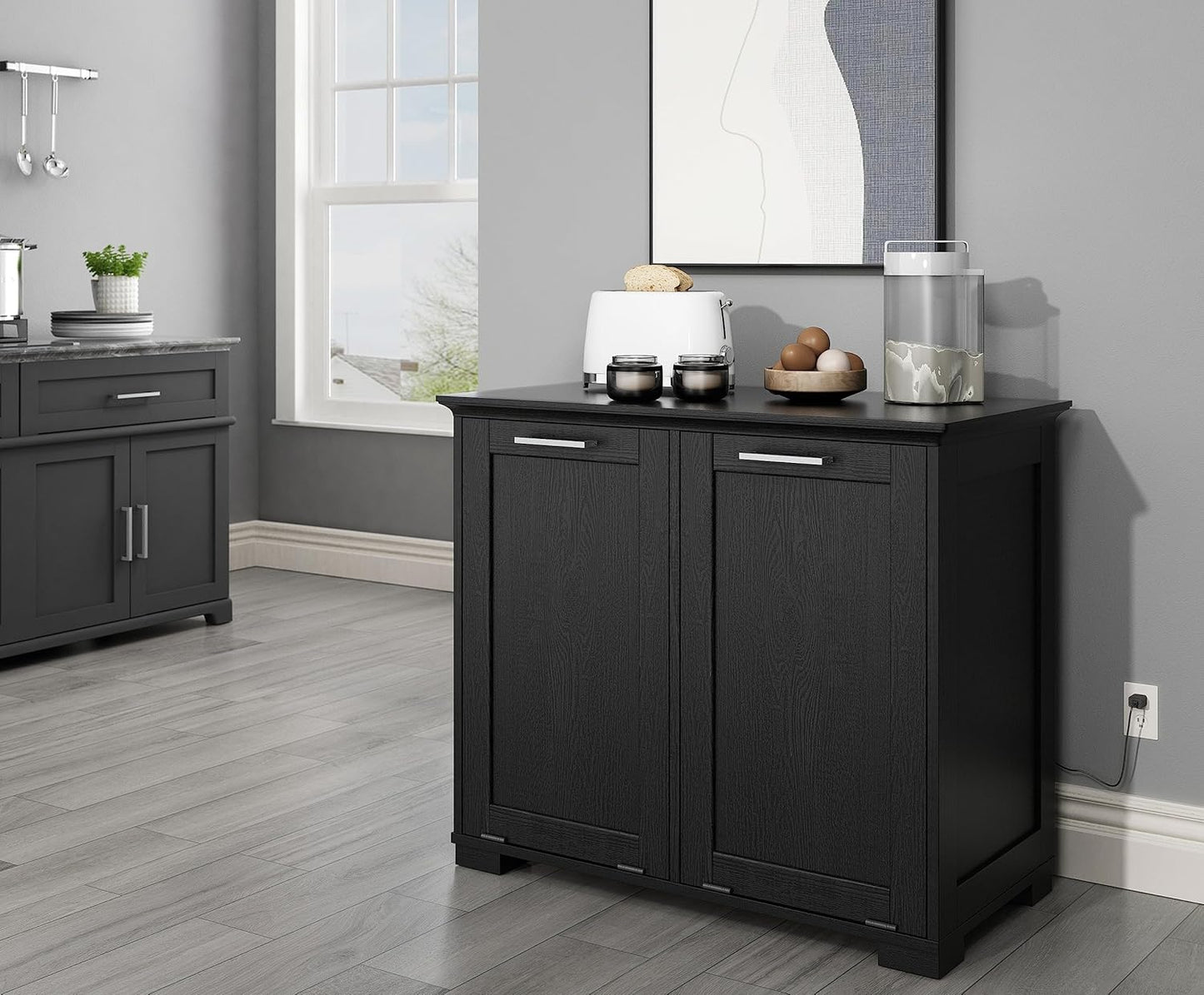 OLD CAPTAIN Double Tilt Out Trash Cabinet, Wooden Kitchen Garbage Can Free Standing Holder, Black Finish