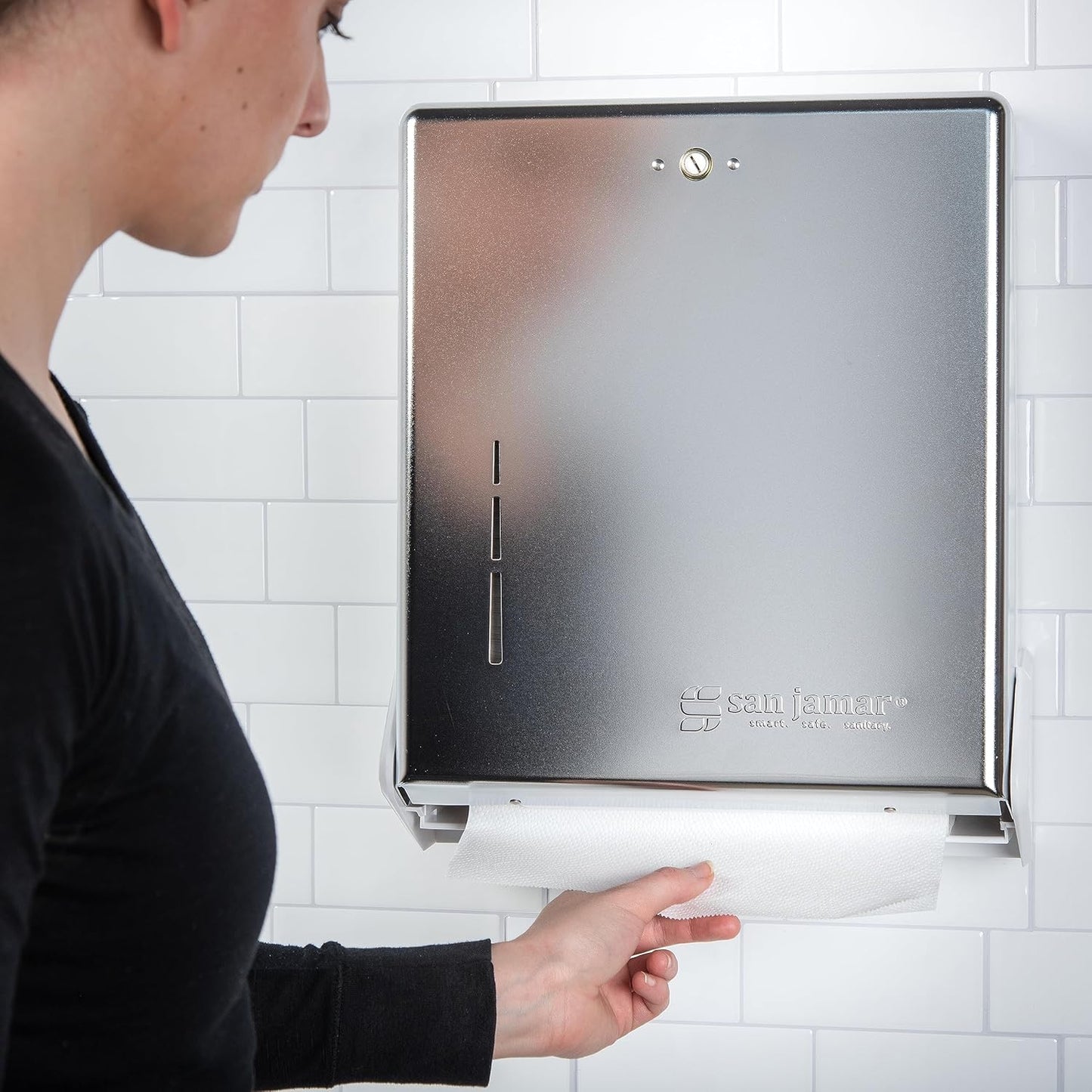 San Jamar True Fold Paper Towel Dispenser Holds Multifold/C-Fold Towels for Bathroom, Kitchens, and Restaurants, Metal and Plastic, 14.5 x 11.375 x 5 Inches, Chrome