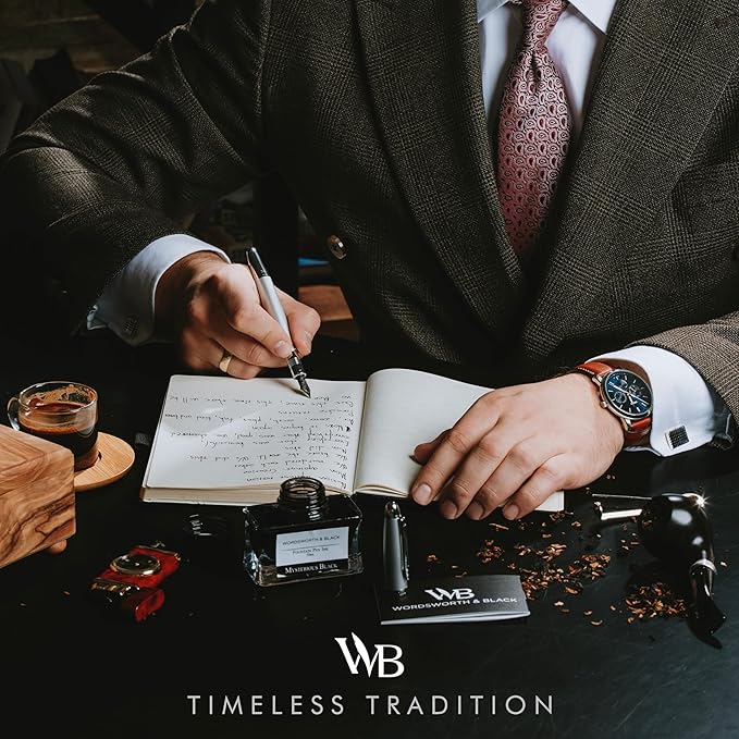 Wordsworth & Black Majesti Fountain Pen-(Silver), Luxury Case, 24K Gold Finish; 18K Gilded Medium Nib- Ink Cartridges, Refillable Ink Converter-Calligraphy Pen-Best Business Gift Set for Men & Women