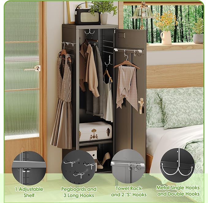 Aobabo Metal Storage Locker with Handle Lock, 54" H Steel Locker with Metal Hooks and Adjustable Shelf for School, Home, Office, Playroom, Assembly Required, Black