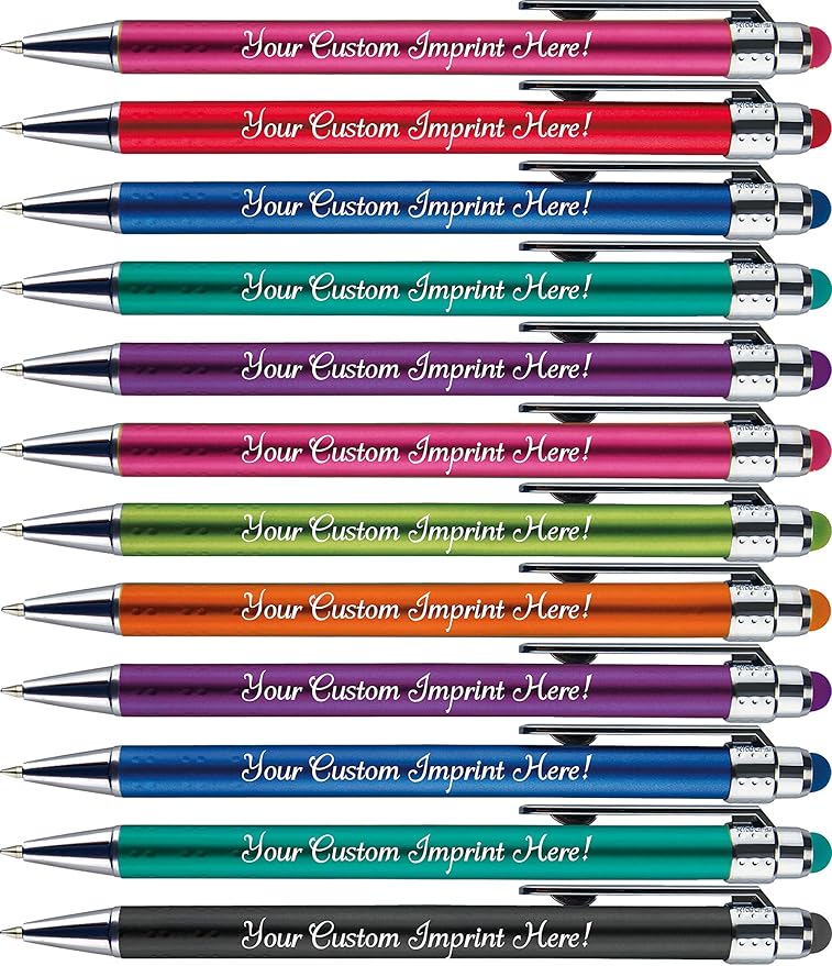 Personalized Pens with Stylus Tip -Bright Vibes- Click action - Custom - Black writing - Printed Name pens - Imprinted with Your Logo or Message - FREE PERSONALIZATION - 12 Pens/Box (Teal)