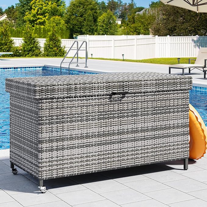 YITAHOME 200 Gallon Large Wicker Deck Box w/Storage Net, Rattan XL Outdoor Storage Box Patio Cushion Storage, Patio Storage Box for Garden Tools, Pool Sports Equipment (Grey)