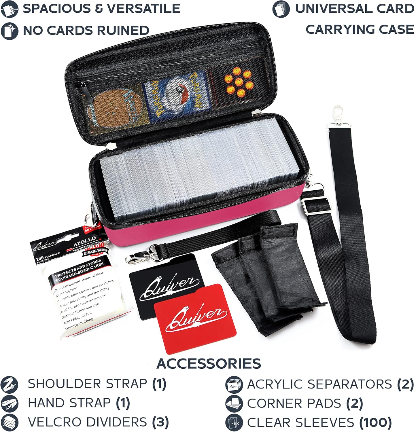 Quiver Time Pink Bolt Card Carrying Case fits Pokemon Cards and other TCG Games - Storage Bag for Playing/Trading Cards and Deck Box (Straps, Dividers & 100 Apollo Card Sleeves)