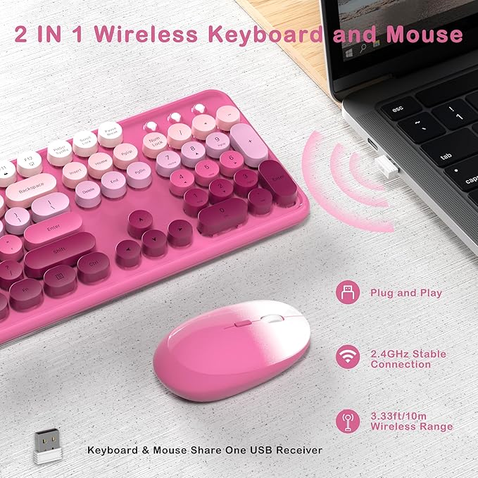 Colorful Wireless Keyboard and Mouse Combo, COVEVA 2.4GHz Wireless Retro Cute Round Keycaps Keyboard, 104 Keys Full-Sized Keyboard Mouse Set with Switch Button for PC Laptop Desktop (Pink Gradient)