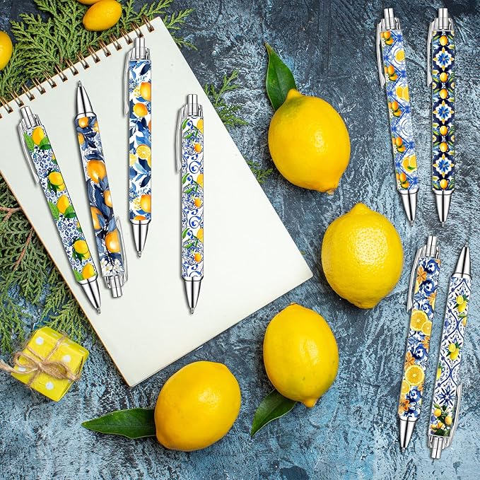 Capri Lemon Pens Set – Mediterranean-Inspired Ballpoint Pens for Girls, Students, and Stationery Lovers – Smooth Writing Pens for School, Journaling, or Gifts – Bright and Elegant Design, 8 Pack