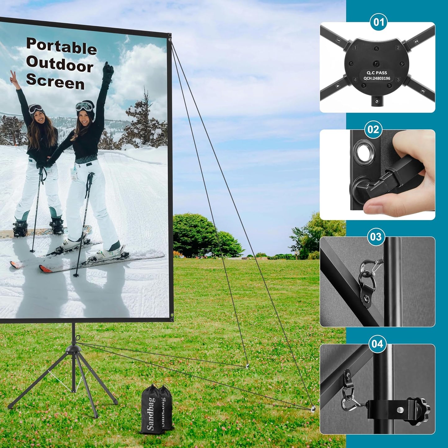 Outdoor Projector Screen with Stand 150 inch 16:9, Portable Projector Screen, 1.5 High Gain Fiberglass, Sturdy Backing, Wind-Resistant Movie Screen, Tripod/Wall Mounted, for Home Cinema/Backyard Party