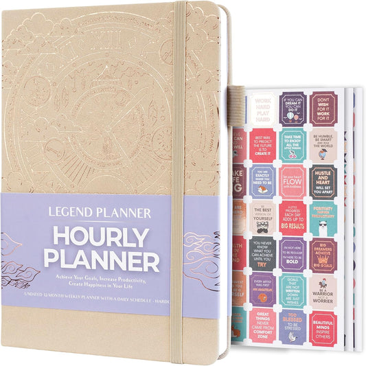 Legend Planner Hourly Schedule Edition – Deluxe Weekly & Daily Organizer with Time Slots. Time Management Appointment Book Journal for Work & Personal Life, Undated, A5 Hardcover – Seashell, Gold Foil