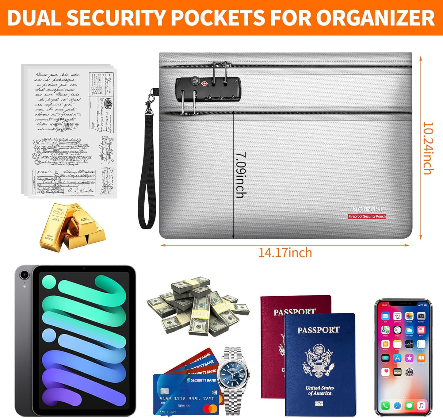 Noiposi 6400℉ Fireproof Document Bag with Lock,Dual-Zip Compartments Fireproof Money Bag for Cash and Documents,12 Layers Heat Insulated Fireproof Bag with Zipper,Protects Important Valuables(Silver)