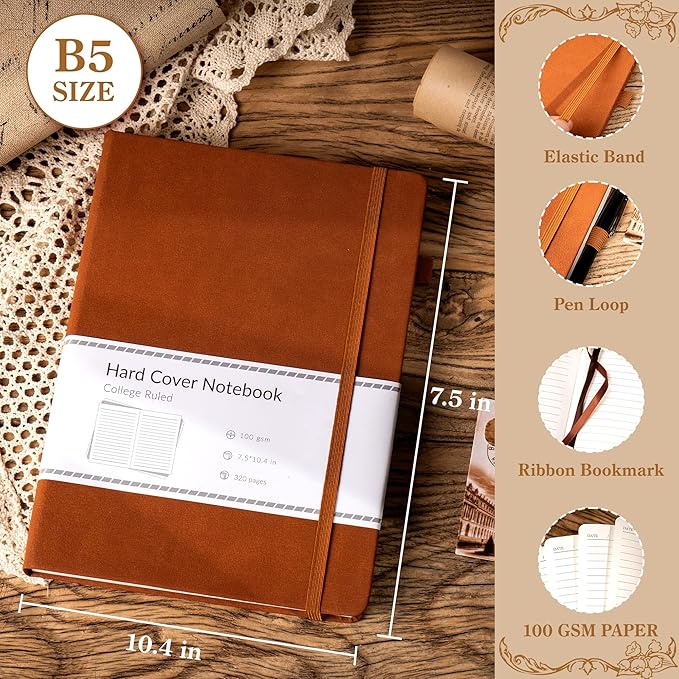 CAGIE B5 Journal Notebook for Men Women 320 Pages 100 Gsm Paper Vintage Journaling Notebooks A5 Hardcover Leather Journals for Writing Travel Work Note Taking Diary, 7.6x10 In, Brown