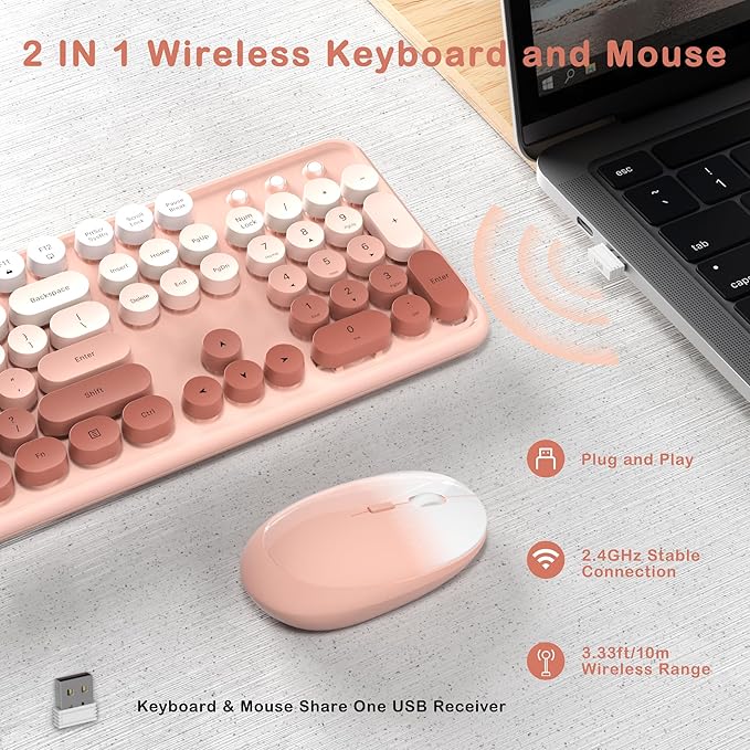 Colorful Wireless Keyboard and Mouse Combo, COVEVA 2.4GHz Wireless Retro Cute Round Keycaps Keyboard, 104 Keys Full-Sized Keyboard Mouse Set with Switch Button for PC Laptop Desktop (Rose Gradient)