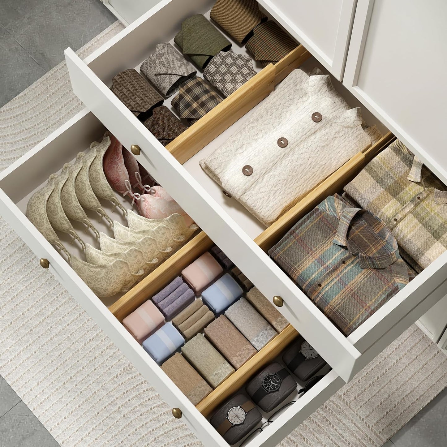 BAMEOS 4 PCS Bamboo Drawer Divider Adjustable Drawer Dividers Kitchen Drawer Organization Utensil Organizers for Kitchen Dresser Bathroom Bedroom and Office