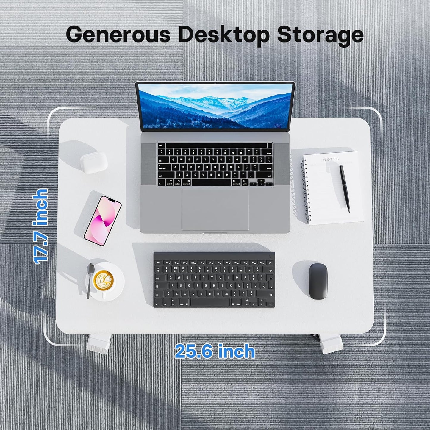 BONTEC Mobile Standing Desk Adjustable Height, Rolling Laptop Cart with Hook, Portable Workstation with Pneumatic Lift, Ergonomic Table with Wheels, Compact Home Office Desk, White 25.6" x 17.7"