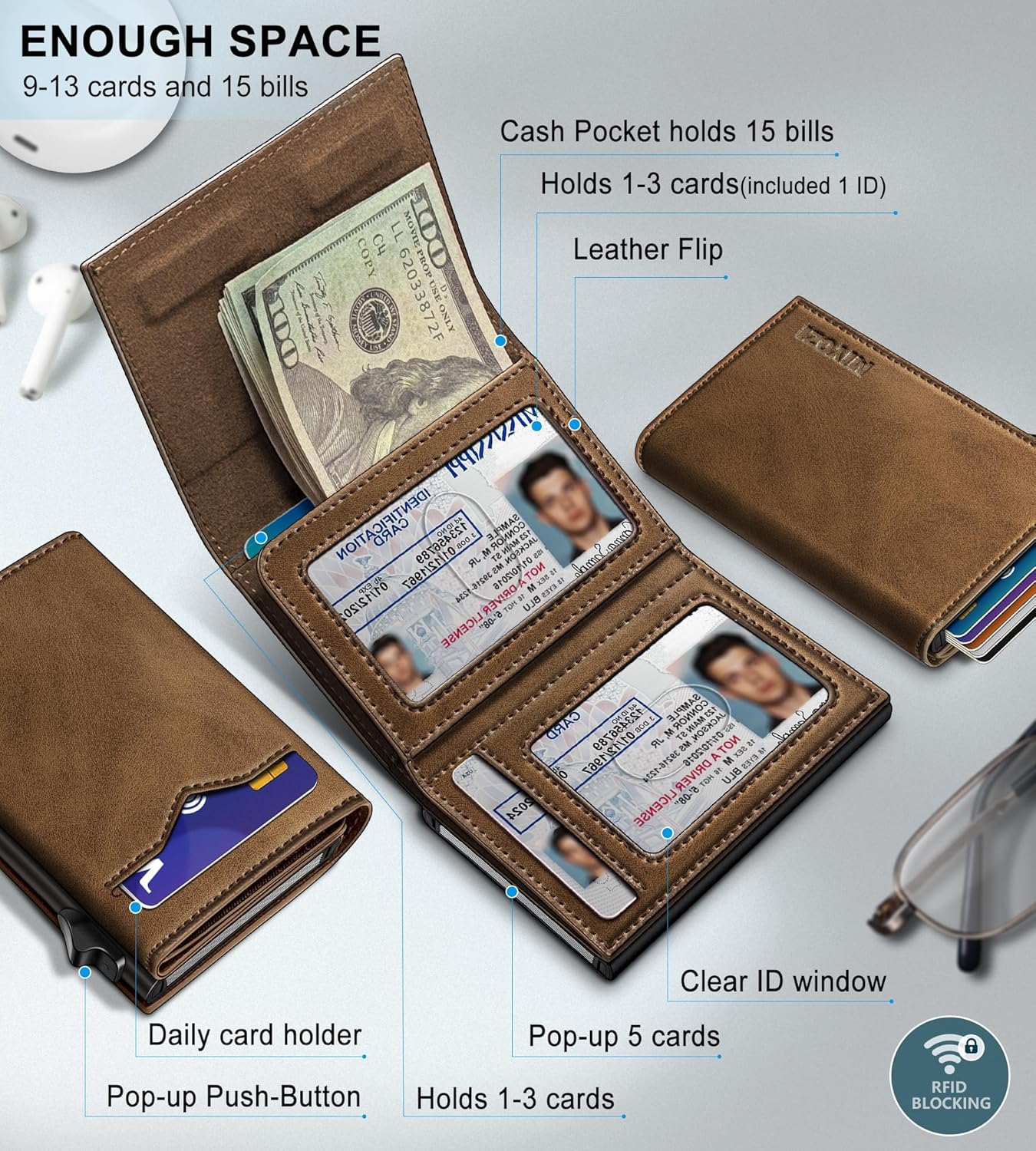 Wallet for Men,with Cash Pocket 2 ID Window 9-13 Cards,Metal Case Smart Slim Pop Up Credit Card Holder Flip with Magnetic Closure RFID Blocking Trifold wallet with Gift Box