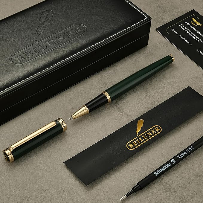 BEILUNER Luxury Rollerball Pen, Stunning Green Lacquer with 24K Gold Trim,Noble and Elegant Designs,Schneider Ink Refill, Best Gift Set for Men & Women, Refillable, Executive Writing, Nice Pens