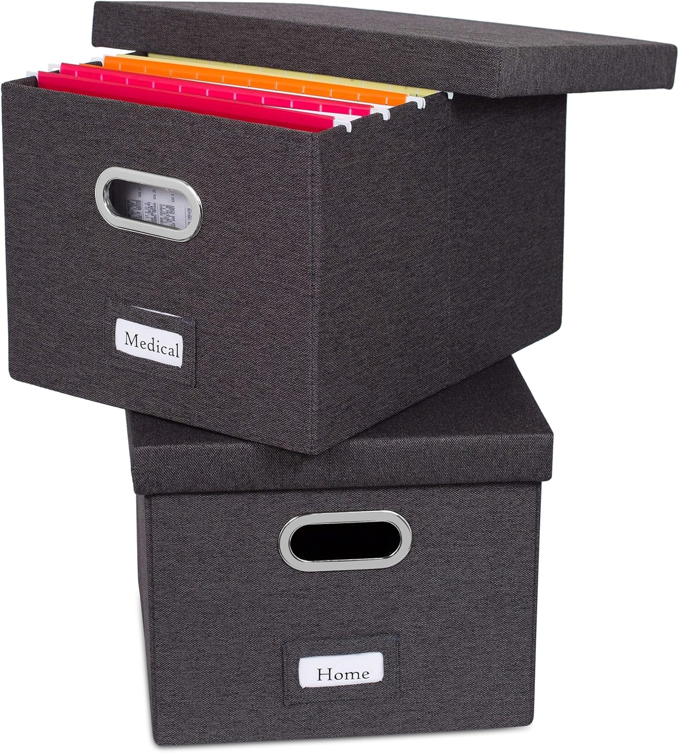 Internet's Best Collapsible File Storage Organizer with Lid - Decorative Linen Filing & Storage Office Box – Hanging Letter/Legal Folder – Home Office Bins Cabinet – Charcoal Container - 2 Pack