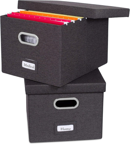 Internet's Best Collapsible File Storage Organizer with Lid - Decorative Linen Filing & Storage Office Box – Hanging Letter/Legal Folder – Home Office Bins Cabinet – Charcoal Container - 2 Pack