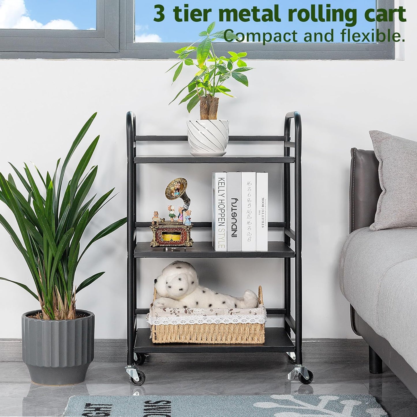 HDANI 3 Tier Rolling Cart Shelves,Heavy Duty Multifunctional Metal Frame-Supports 22 Lbs Per Tier,Rolling Cart with 2 Lockable Wheels for Home,Office,Kitchen,Bathroom,Bedroom (Black)…