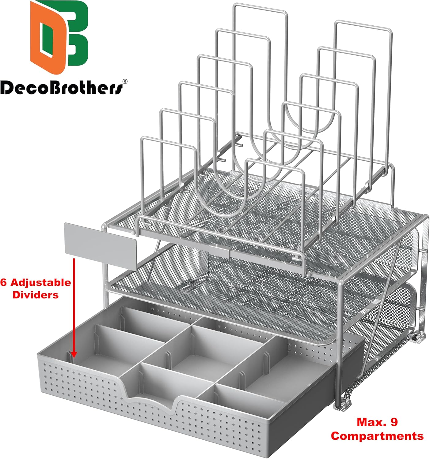 DecoBrothers Desktop File Organizer with Double Tray and 5 Folder Stand, Silver