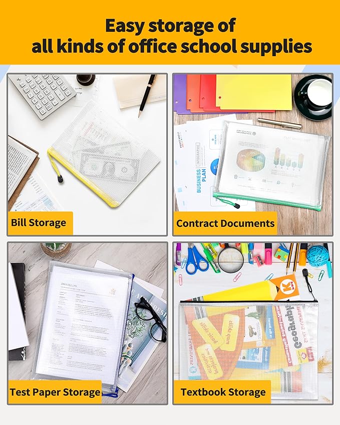 SUNEE Plastic Mesh Zipper Pouch 11x16 in (6 Colors, 18 Packs),Extra Large Water-Resistant Zip Bag for School Office Supplies, Puzzles & Games Organizing Storage