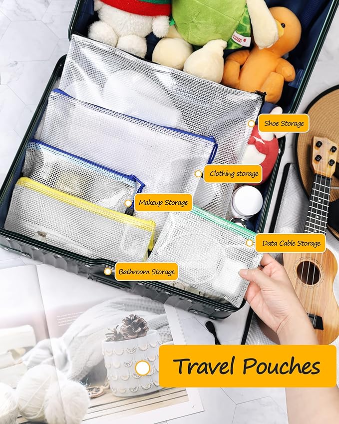 SUNEE Plastic Mesh Zipper Pouch 6x9 in (9 Colors, 18 Packs),Extra Large Water-Resistant Zip Bag for School Office Supplies, Puzzles & Games Organizing Storage