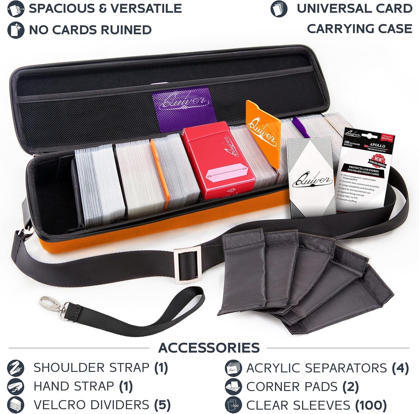 Quiver Time Orange Quiver Card Carrying Case - TCG Cards Deck Box Holder for Trading Cards, MTG Bag Playing Card Case (+Wrist & Shoulder Strap, Dividers, Separators, Corner Pads + 100 Apollo Sleeves)