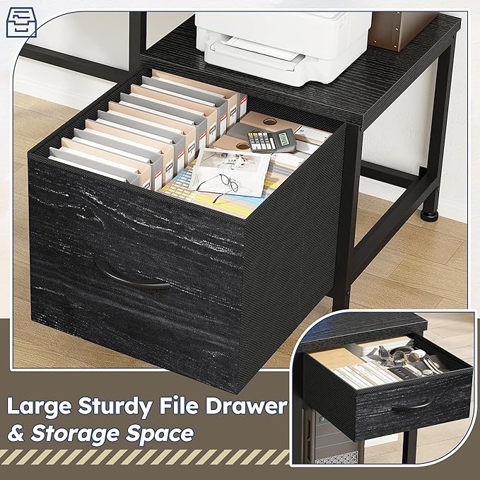 L Shaped Computer Desk with Drawers, Gaming Desk with LED Lights & Monitor Shelf, Office Desks with Power Outlets, Corner Desks for Home Office, Study Room and Bedroom, Black