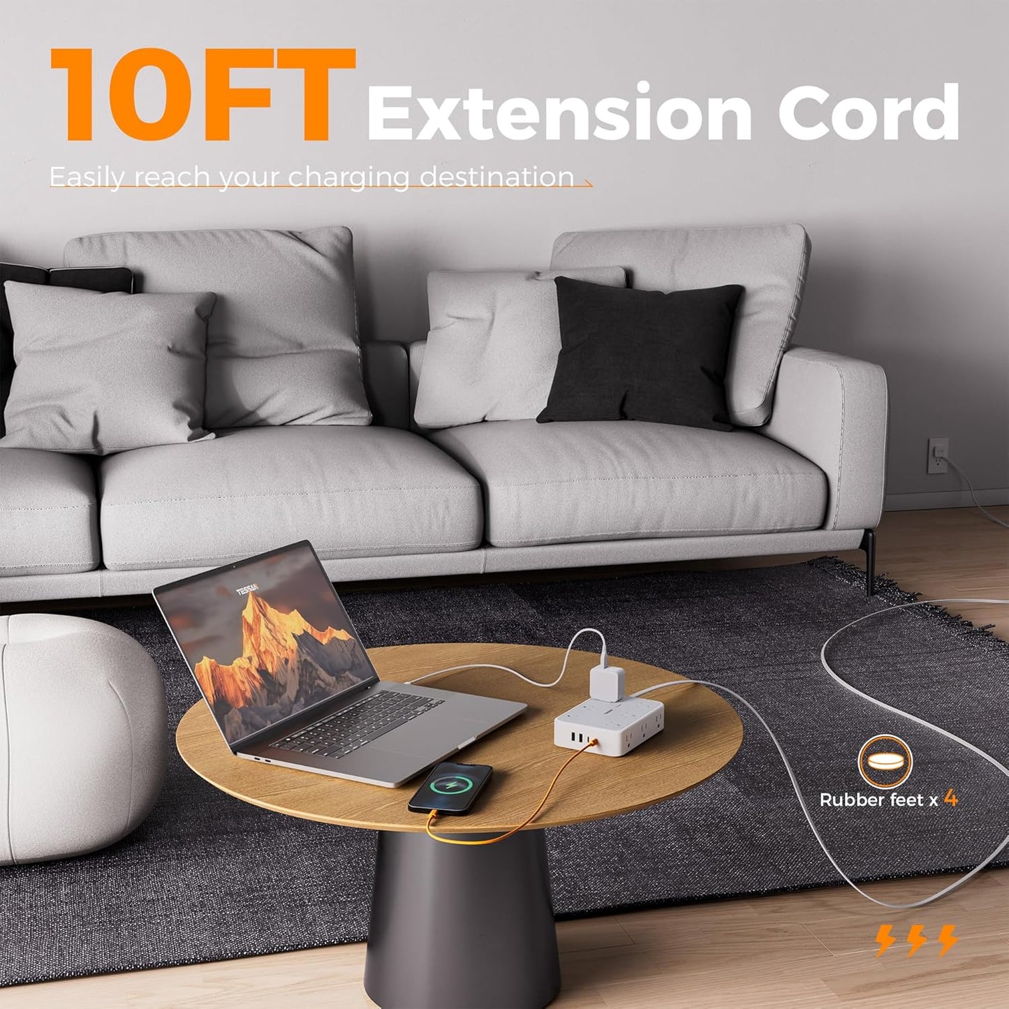 TESSAN Extension Cord 10 ft Surge Protector Power Strip, 12 Outlet Extender with 4 USB (2 USB C), 1800 Joules Protection, Flat Plug, Flat Extension Cord with Multiple Outlets, for Home, Office, Dorm