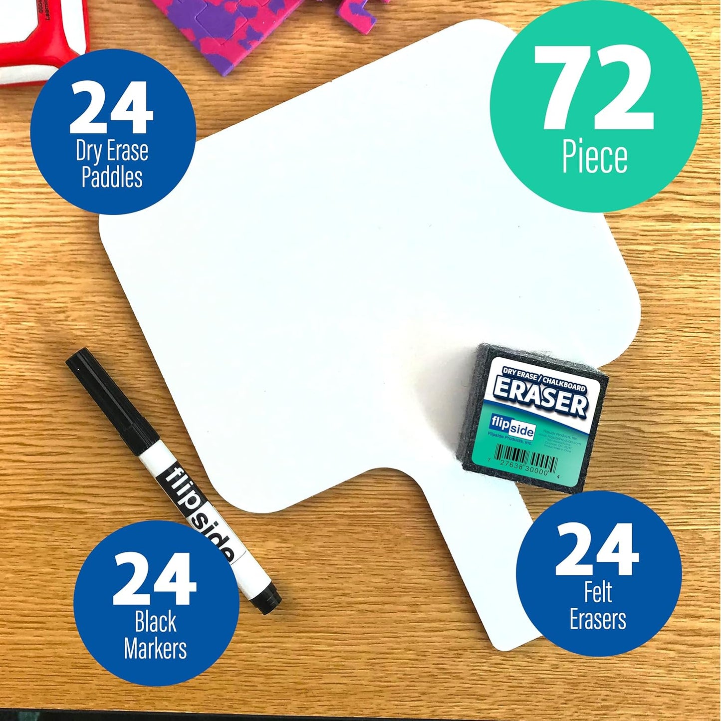 Flipside Products Rectangular Dry Erase Answer Paddles w/Black Dry Erase Marker and Erasers, Auction, Handheld Whiteboard, Handle Response Board, 72 Pieces, Set of 24