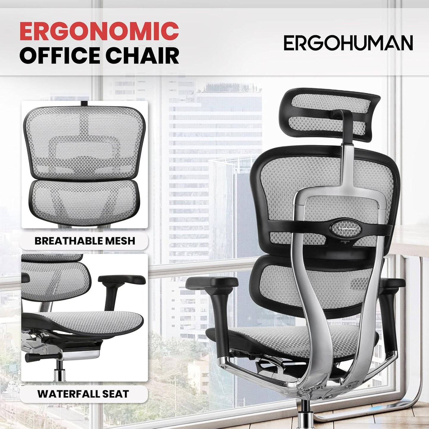 Ergohuman Eurotech ME7ERG GEN2 High Back Mesh Office Chair with Tilt Tension Control, Tilt Lock, Back Angle, Back Height, Synchro Tilt, Seat Height, Seat Depth, and Arm Height Adjustments, Grey