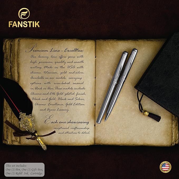 Silver Luxury fountain pen (Made In USA) fancy gift set for women, Real 24K Gold Plating, Professional executive pen gift set for men (Lux fountain Silver)