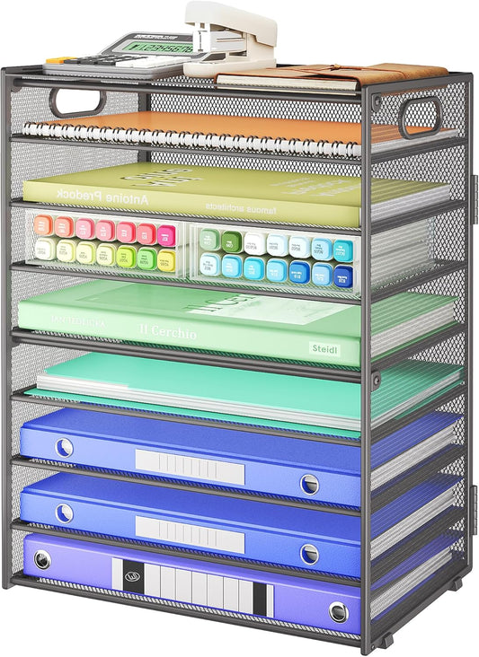 SUBEKYU 9 Tier Paper Organizer for Desk - Gray Metal Mesh Letter Tray File Paper Sorter Organizer Include 6 Pcs Adjustable Height Slid Tray with Handles for Office School Home Organization Storage