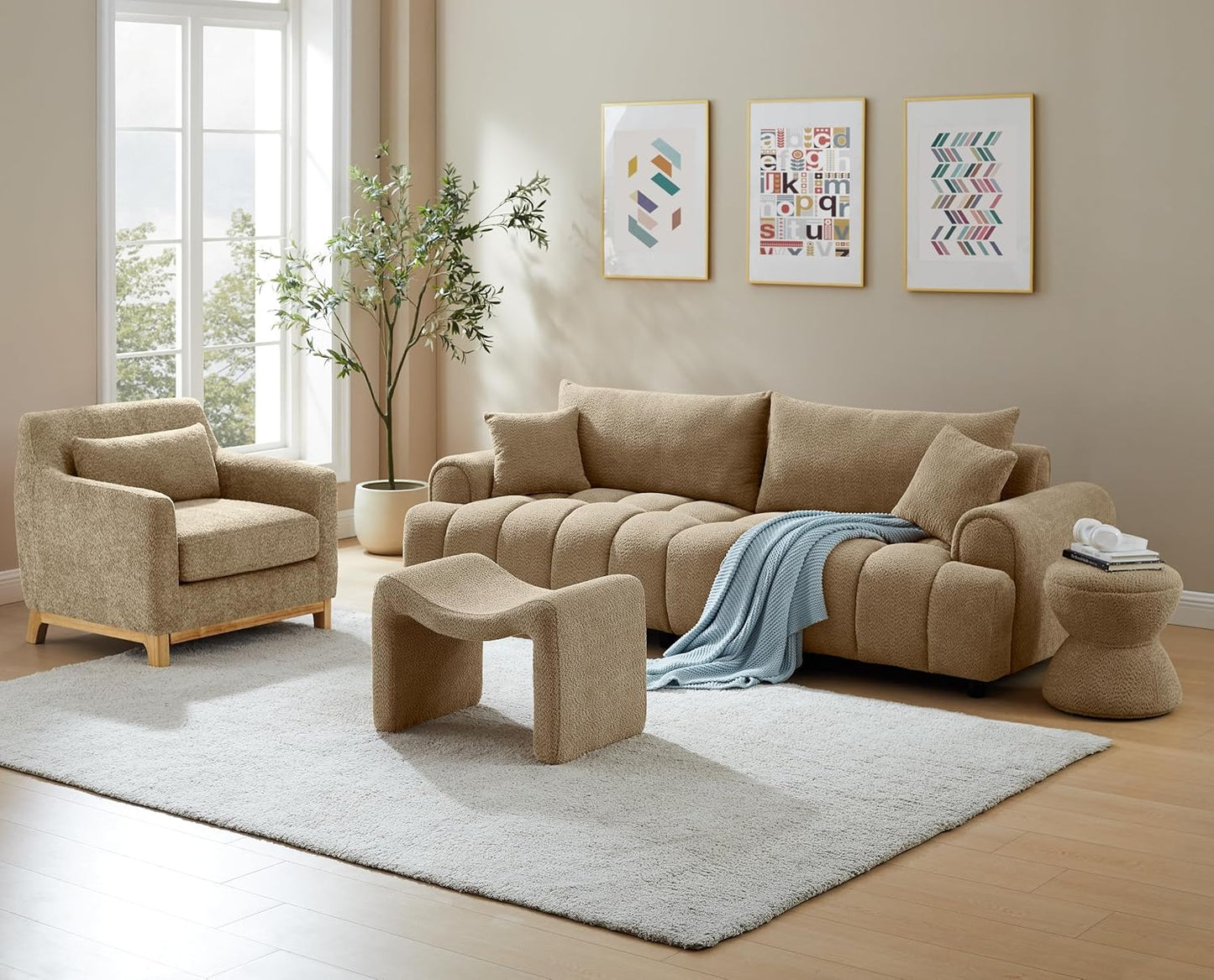 Modern Boucle Ottoman, Vanity Stool Chair, Foot Stool with Wooden Legs Sofa Bench Footstool Extra Seat for Vanity, Makeup Room, Living Room, Entryway, Set 2, White