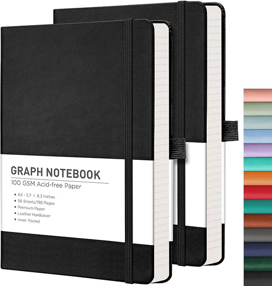 RETTACY Graph Grid Paper Notebook, 2-Pack, 192 Pages per Pack, A5 Medium Size (5.7'' x 8.3''), Leather Hardcover, 100 GSM Thick Paper, for School, Students, Math, Engineering (Black & Black)